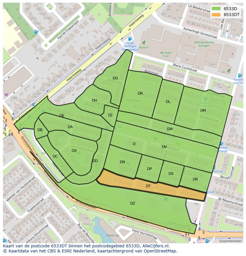 Afbeelding van het postcodegebied 6533 DT op de kaart.