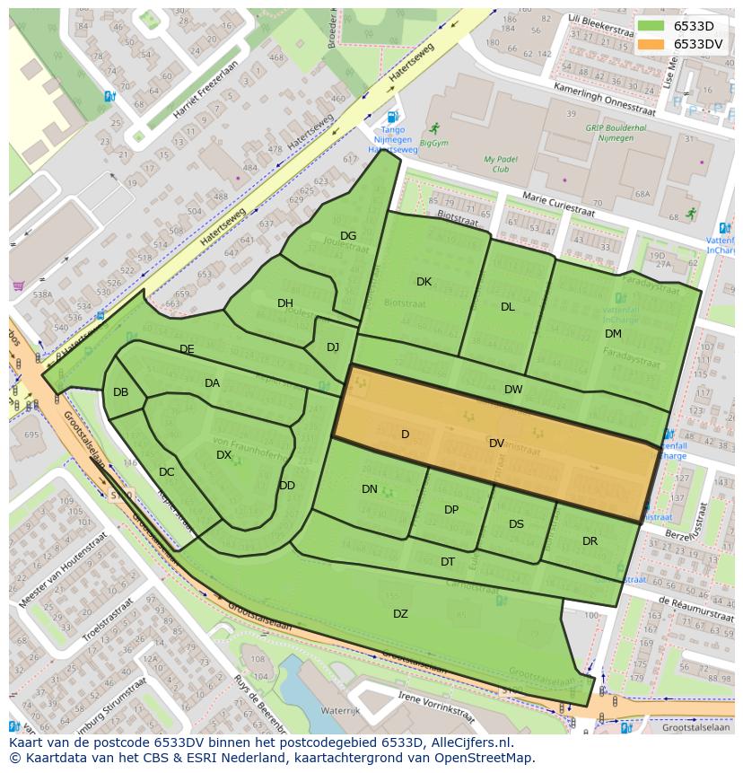 Afbeelding van het postcodegebied 6533 DV op de kaart.