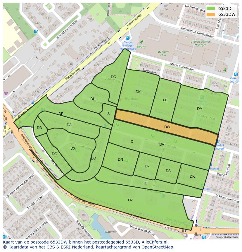 Afbeelding van het postcodegebied 6533 DW op de kaart.
