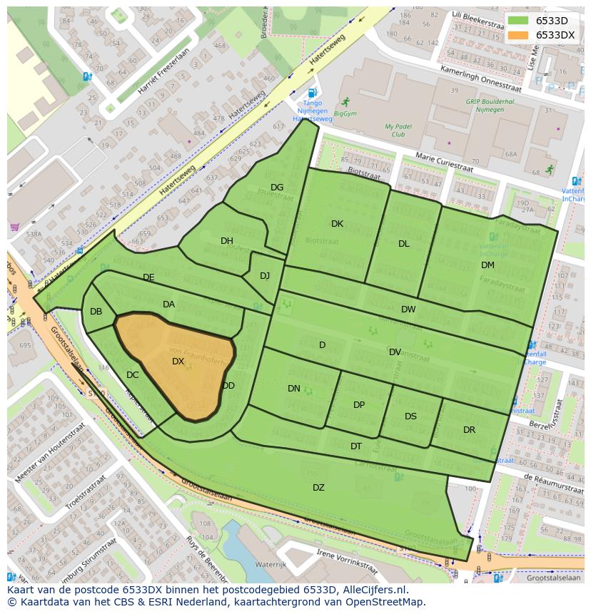 Afbeelding van het postcodegebied 6533 DX op de kaart.