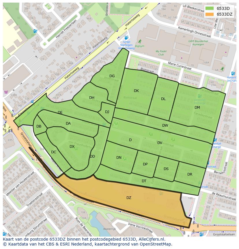 Afbeelding van het postcodegebied 6533 DZ op de kaart.