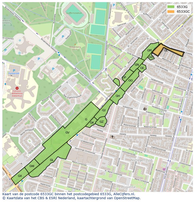 Afbeelding van het postcodegebied 6533 GC op de kaart.
