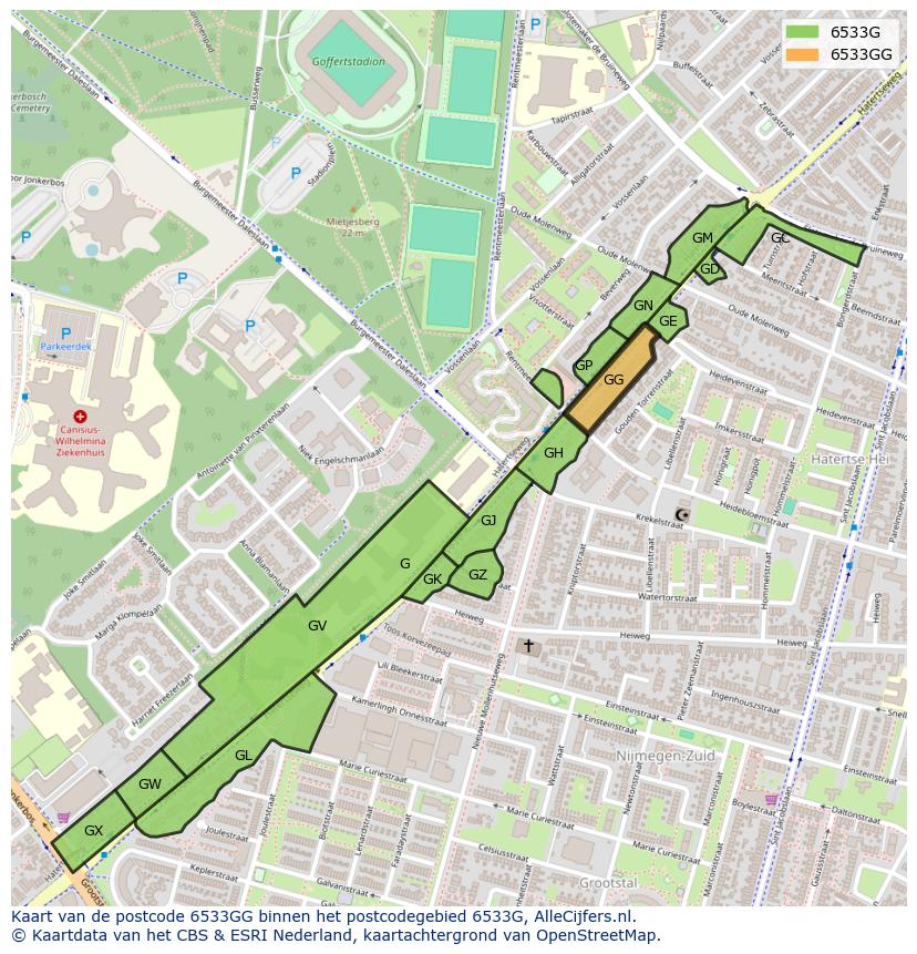 Afbeelding van het postcodegebied 6533 GG op de kaart.