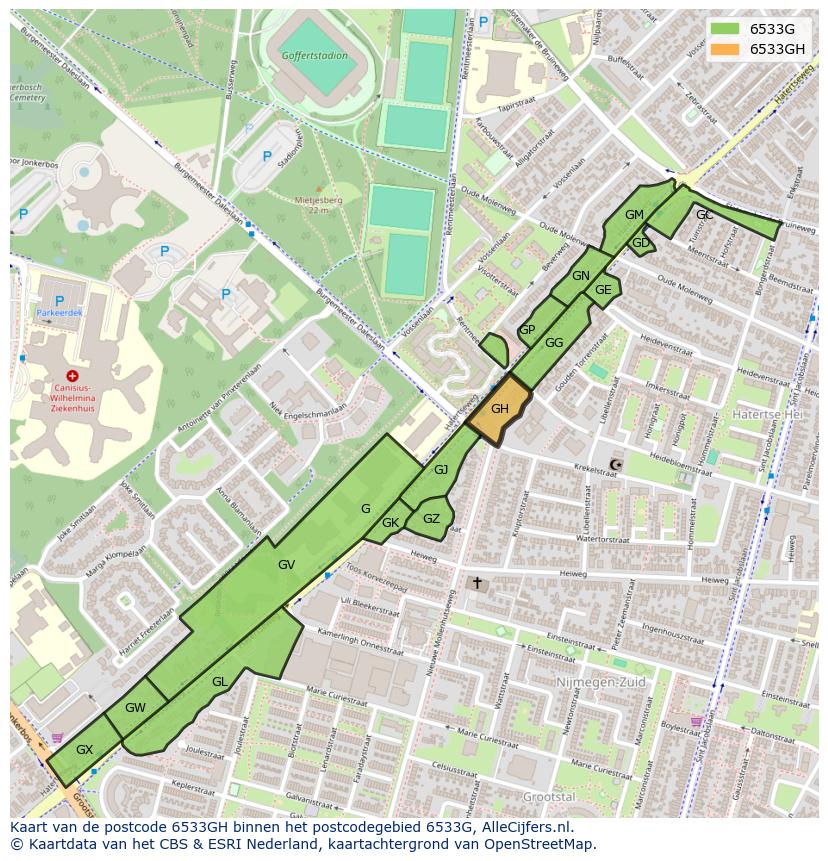 Afbeelding van het postcodegebied 6533 GH op de kaart.