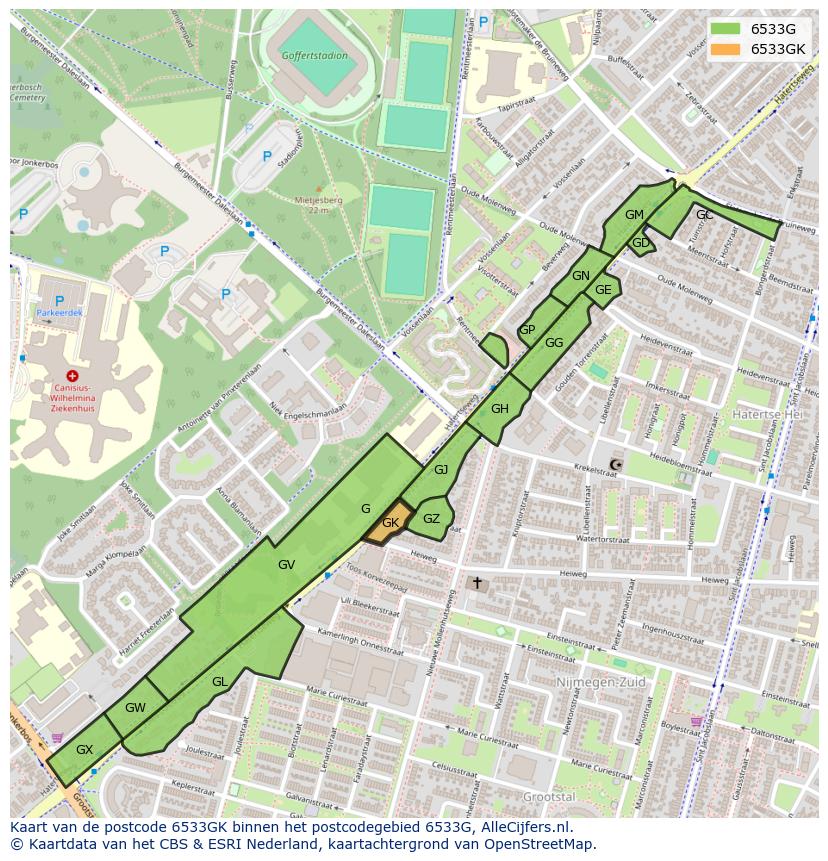Afbeelding van het postcodegebied 6533 GK op de kaart.