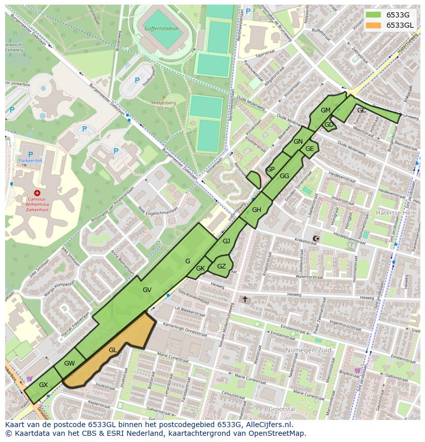 Afbeelding van het postcodegebied 6533 GL op de kaart.