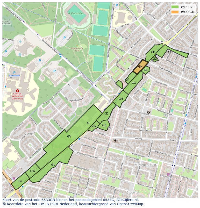 Afbeelding van het postcodegebied 6533 GN op de kaart.