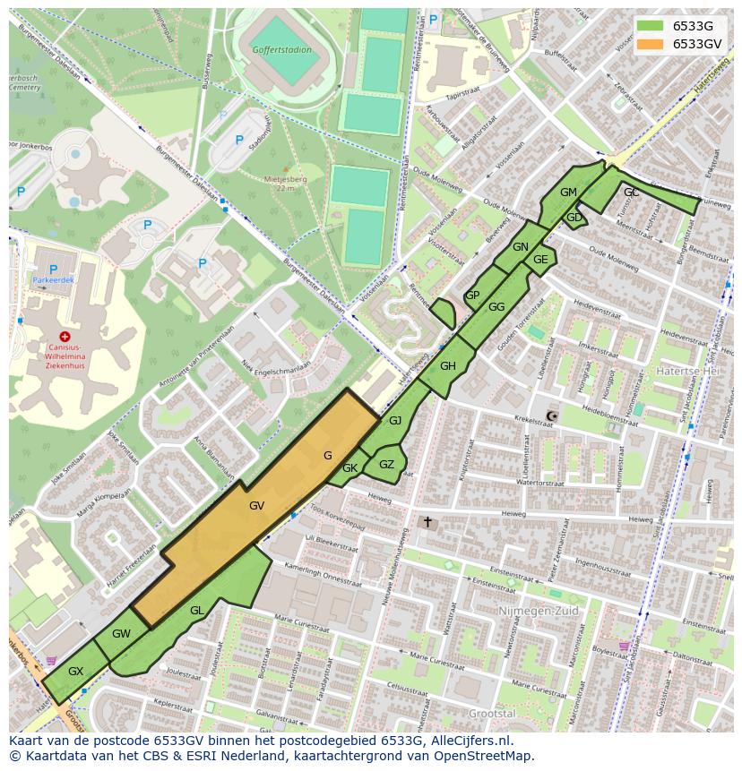 Afbeelding van het postcodegebied 6533 GV op de kaart.