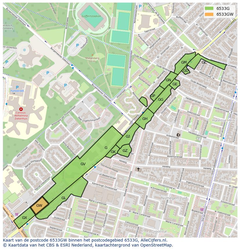 Afbeelding van het postcodegebied 6533 GW op de kaart.