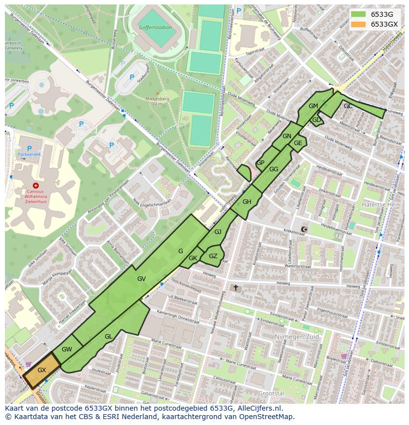 Afbeelding van het postcodegebied 6533 GX op de kaart.