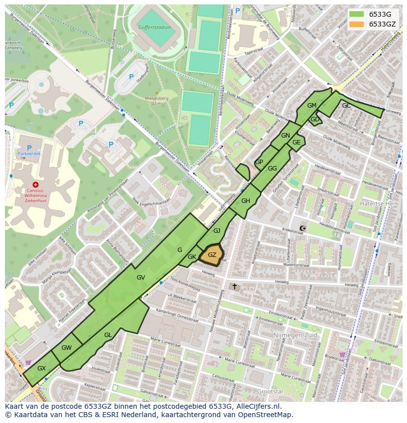Afbeelding van het postcodegebied 6533 GZ op de kaart.
