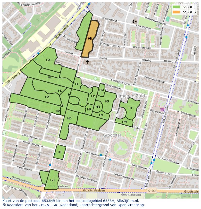 Afbeelding van het postcodegebied 6533 HB op de kaart.