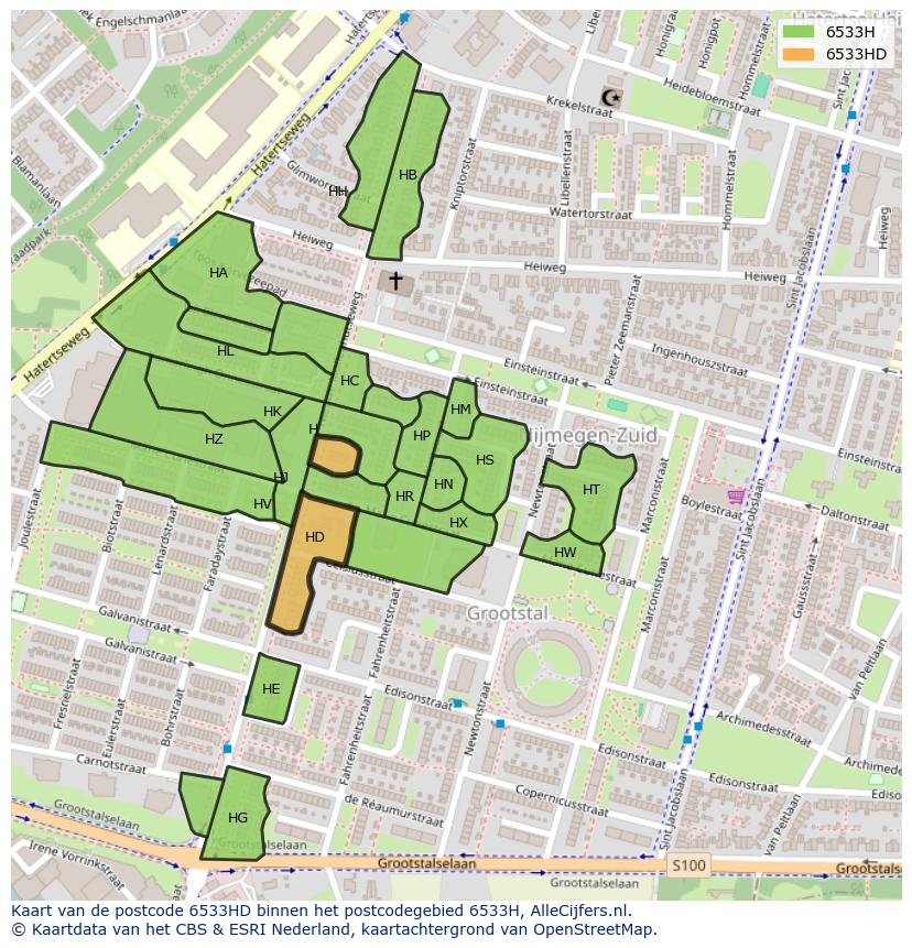 Afbeelding van het postcodegebied 6533 HD op de kaart.