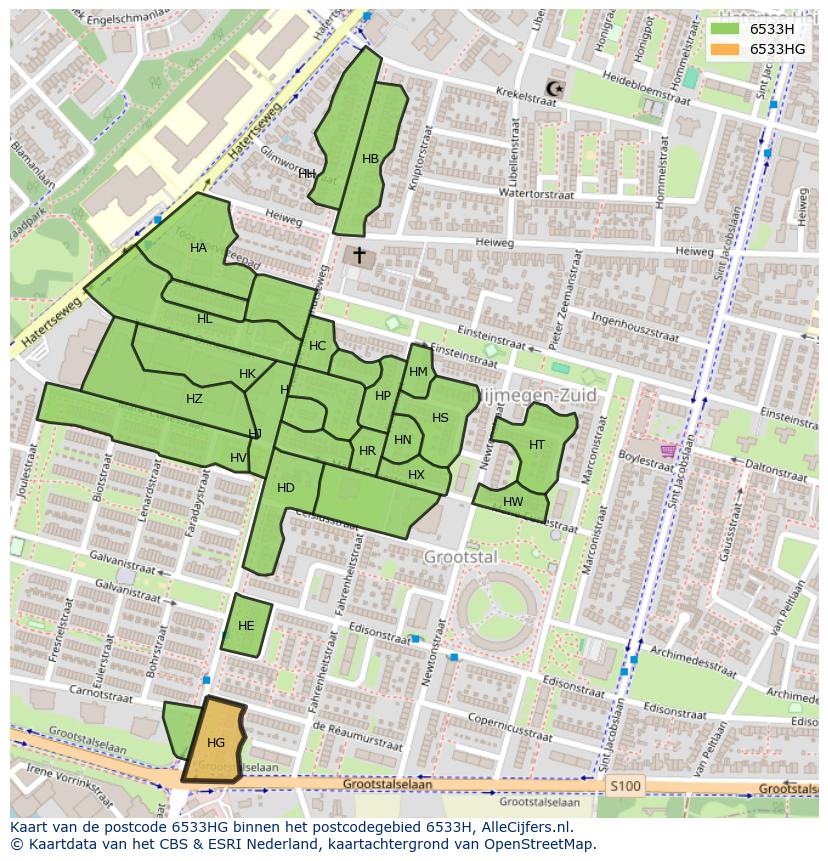 Afbeelding van het postcodegebied 6533 HG op de kaart.