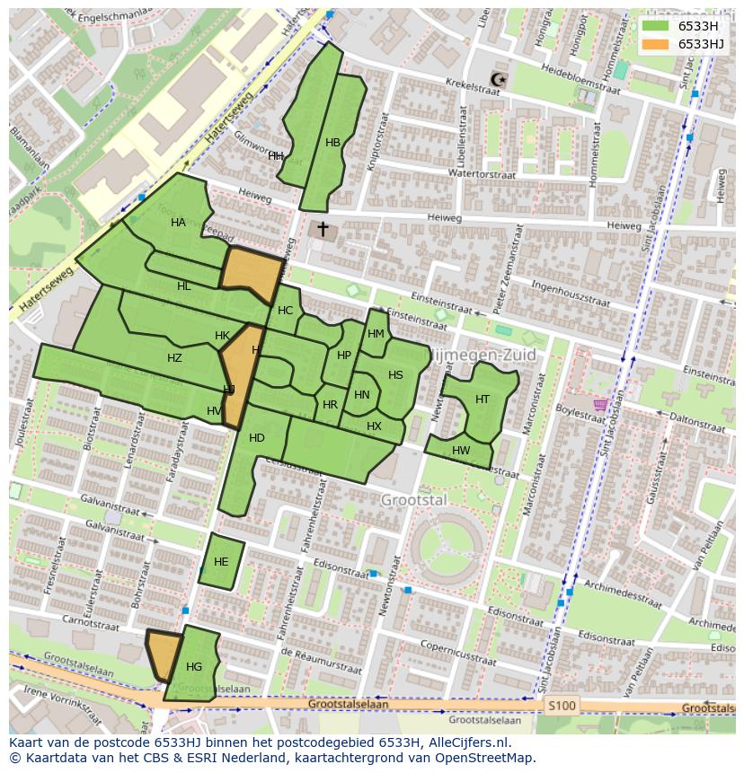Afbeelding van het postcodegebied 6533 HJ op de kaart.