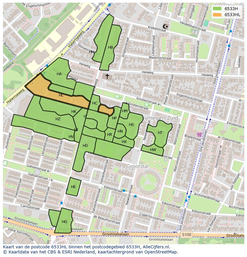 Afbeelding van het postcodegebied 6533 HL op de kaart.