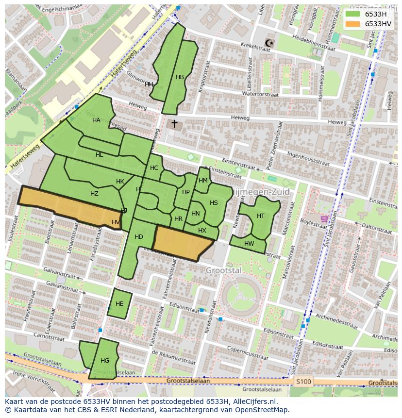 Afbeelding van het postcodegebied 6533 HV op de kaart.