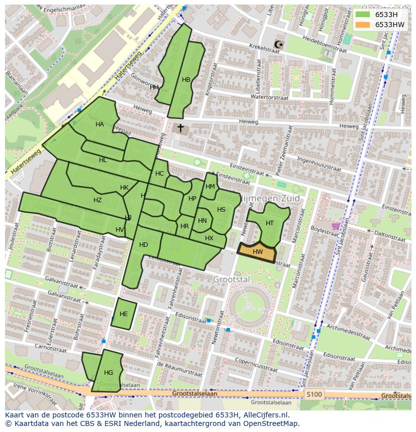 Afbeelding van het postcodegebied 6533 HW op de kaart.