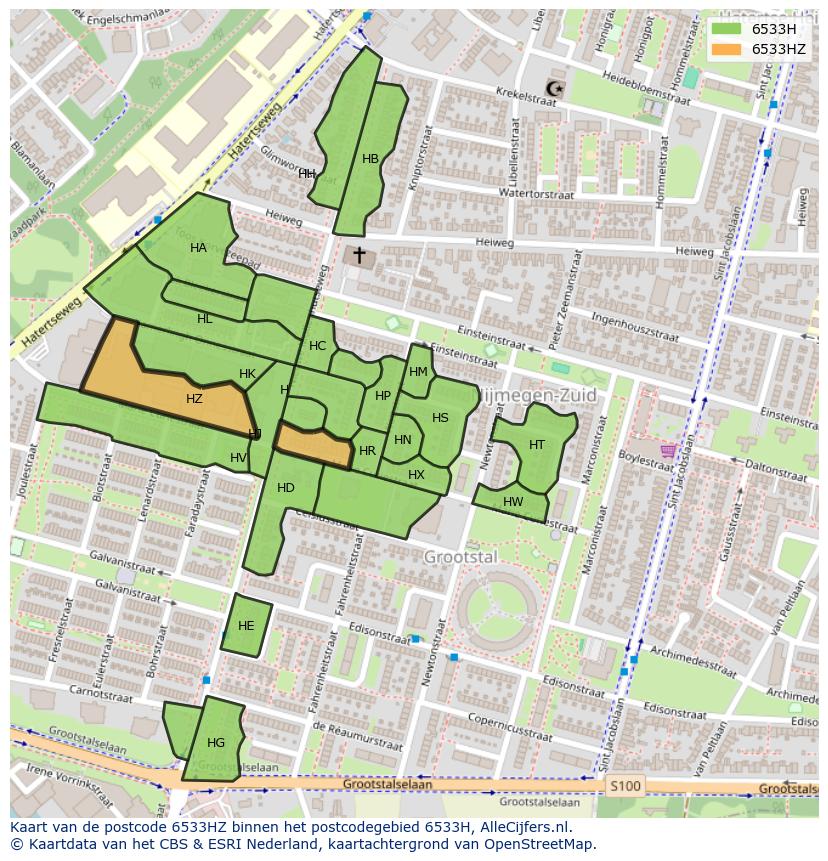 Afbeelding van het postcodegebied 6533 HZ op de kaart.