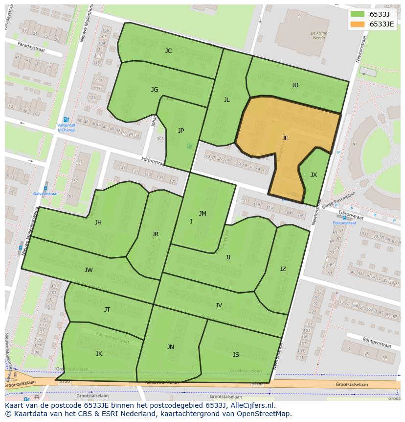 Afbeelding van het postcodegebied 6533 JE op de kaart.