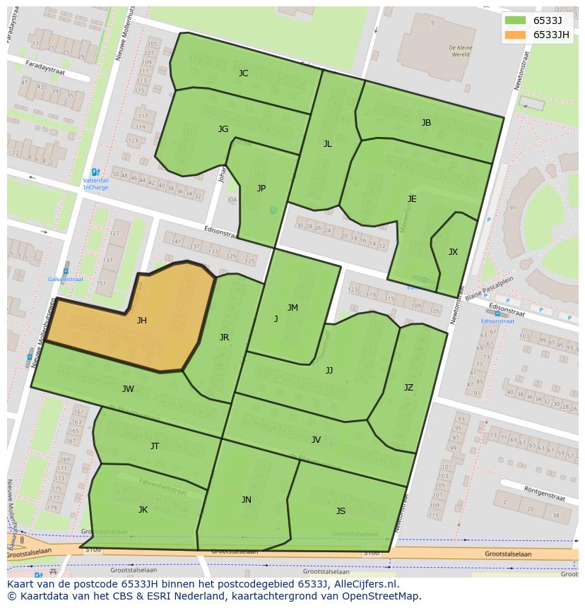 Afbeelding van het postcodegebied 6533 JH op de kaart.