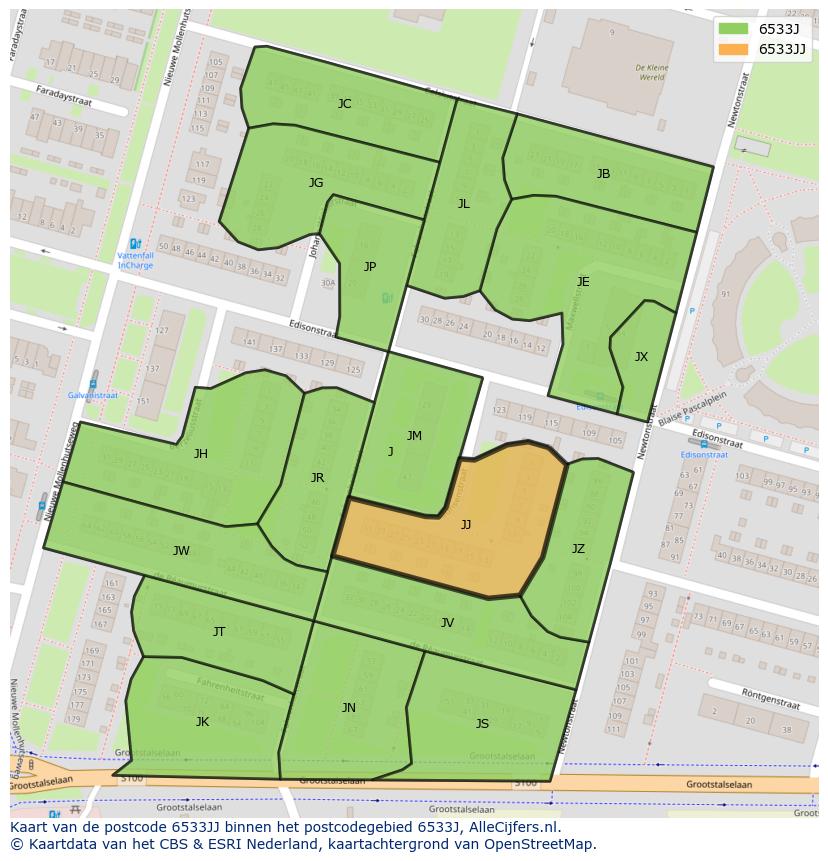 Afbeelding van het postcodegebied 6533 JJ op de kaart.