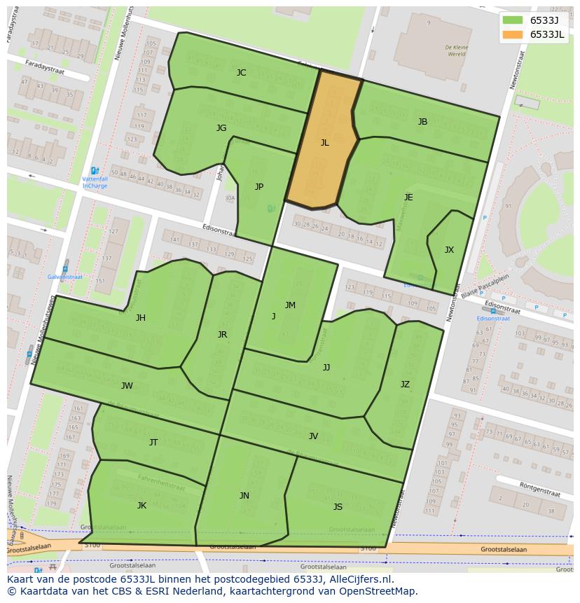 Afbeelding van het postcodegebied 6533 JL op de kaart.