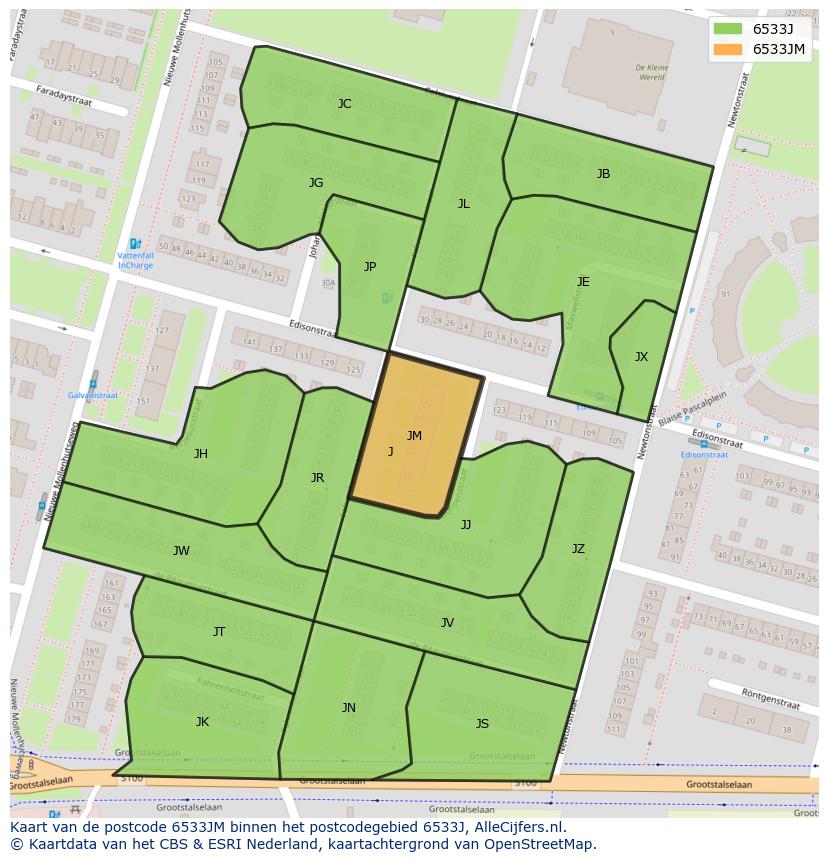 Afbeelding van het postcodegebied 6533 JM op de kaart.