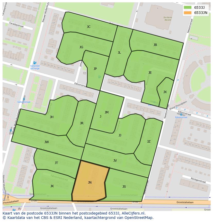 Afbeelding van het postcodegebied 6533 JN op de kaart.
