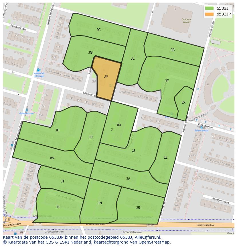 Afbeelding van het postcodegebied 6533 JP op de kaart.