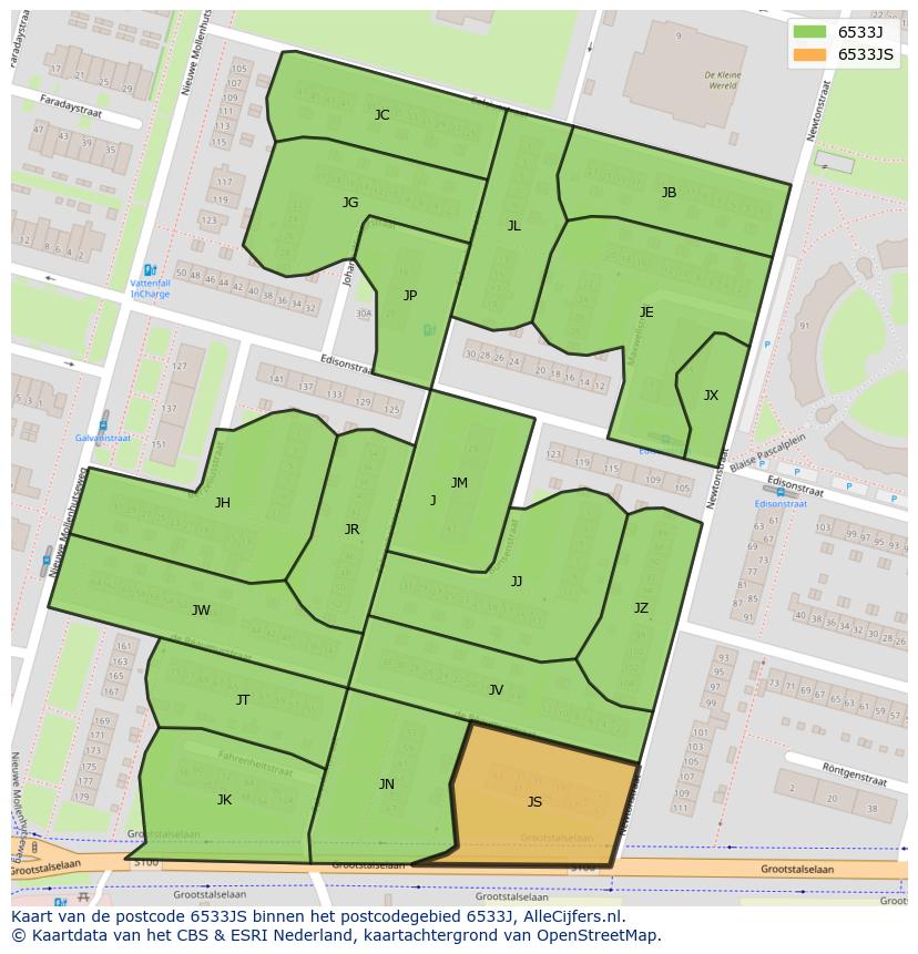 Afbeelding van het postcodegebied 6533 JS op de kaart.