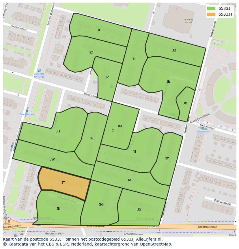 Afbeelding van het postcodegebied 6533 JT op de kaart.