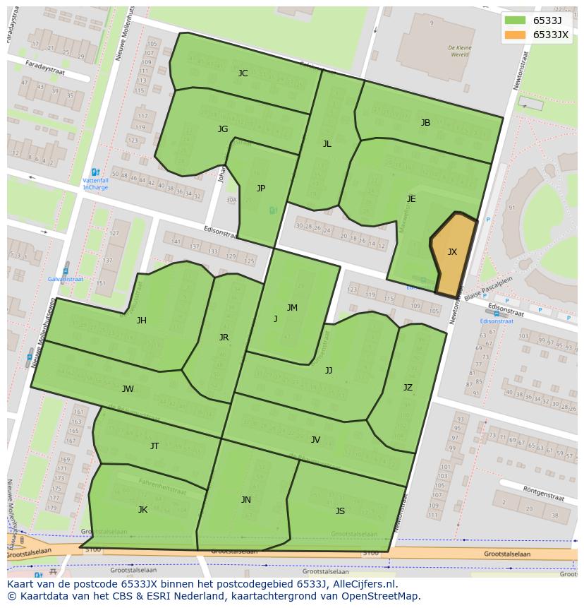 Afbeelding van het postcodegebied 6533 JX op de kaart.