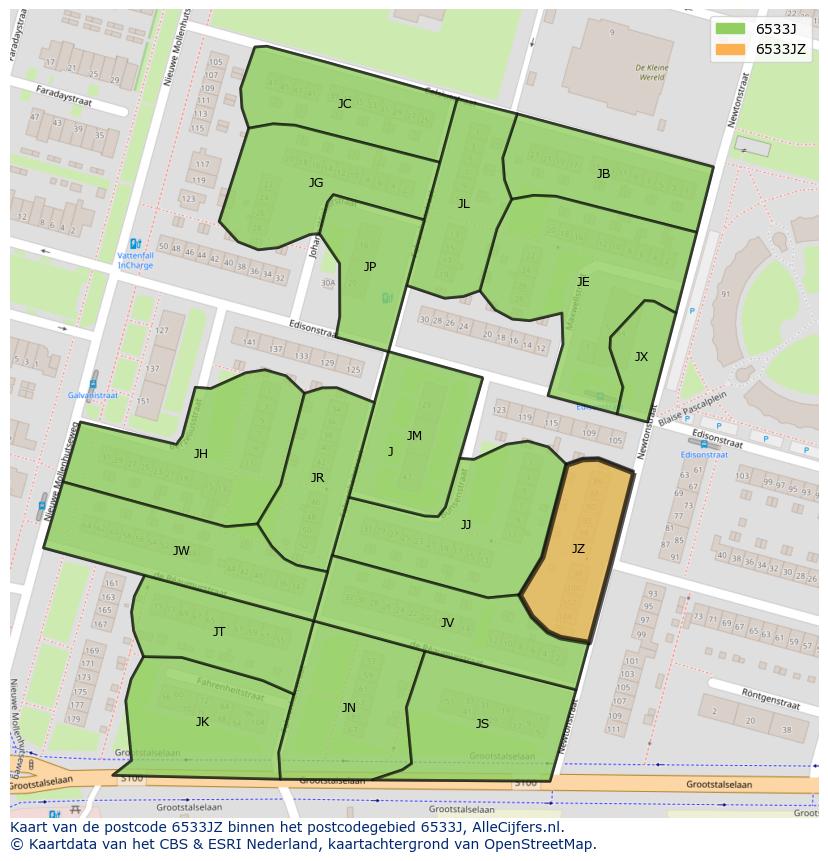 Afbeelding van het postcodegebied 6533 JZ op de kaart.