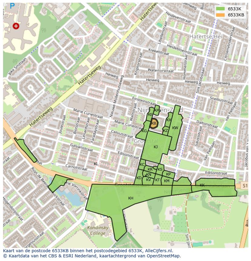 Afbeelding van het postcodegebied 6533 KB op de kaart.