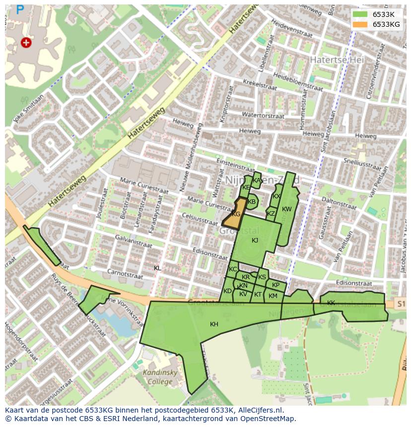 Afbeelding van het postcodegebied 6533 KG op de kaart.