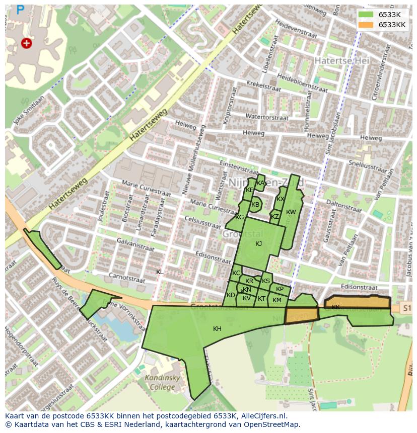 Afbeelding van het postcodegebied 6533 KK op de kaart.