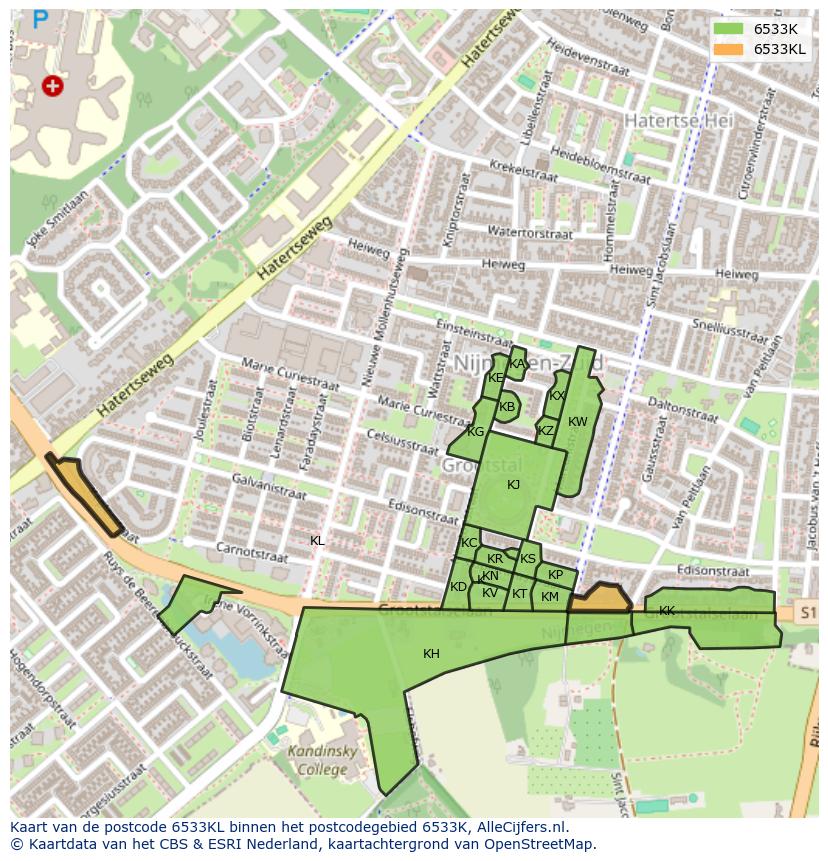 Afbeelding van het postcodegebied 6533 KL op de kaart.