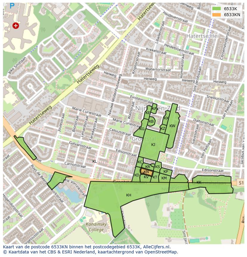 Afbeelding van het postcodegebied 6533 KN op de kaart.