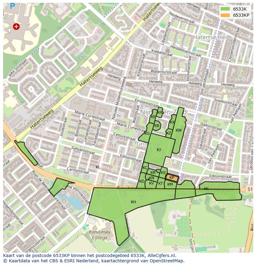 Afbeelding van het postcodegebied 6533 KP op de kaart.