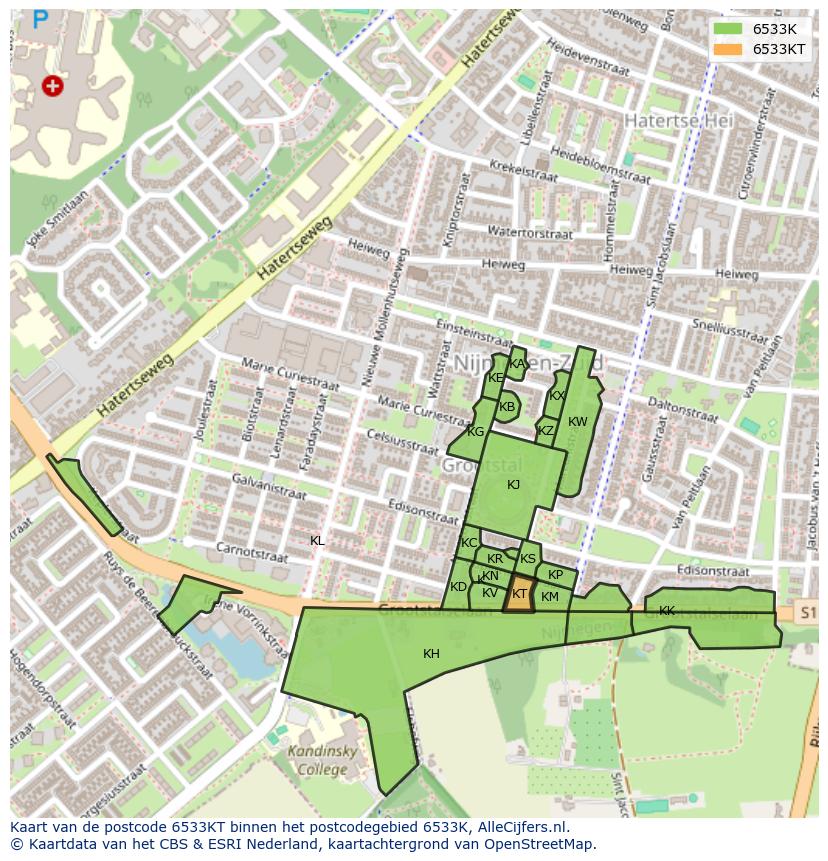 Afbeelding van het postcodegebied 6533 KT op de kaart.