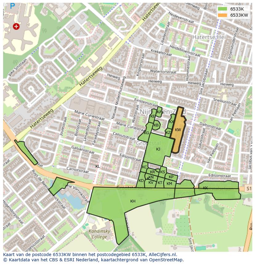 Afbeelding van het postcodegebied 6533 KW op de kaart.