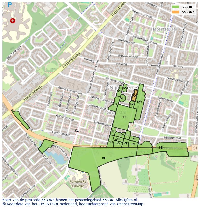 Afbeelding van het postcodegebied 6533 KX op de kaart.