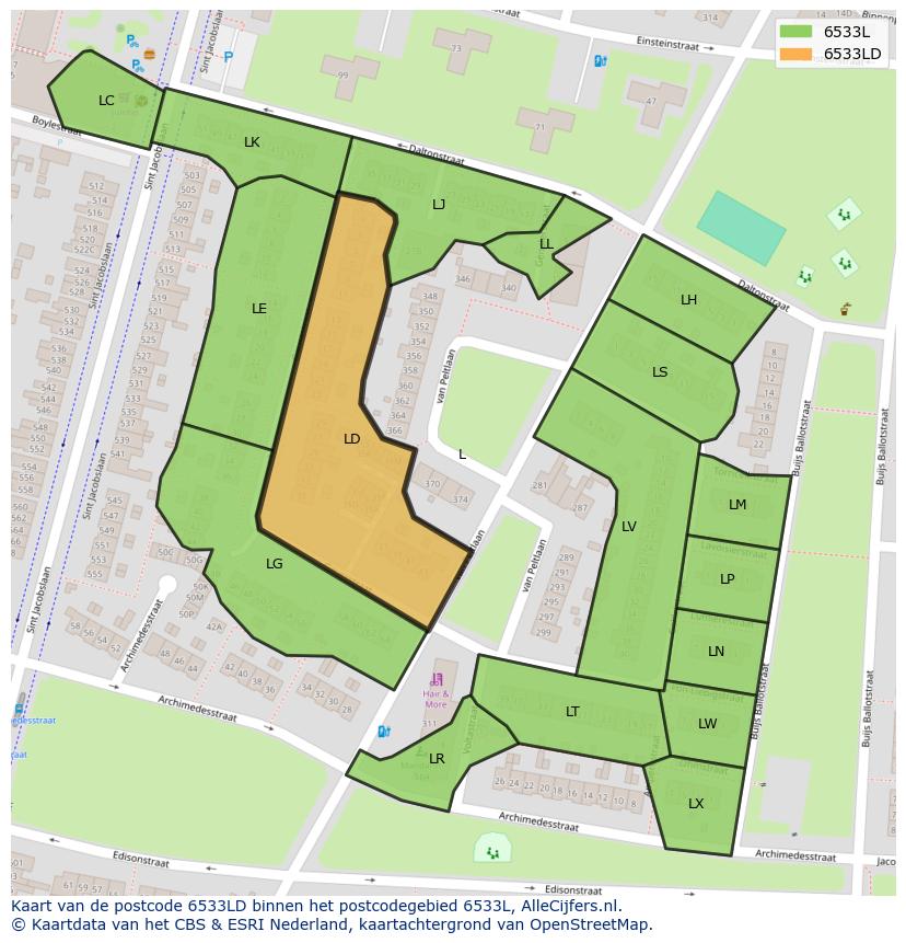 Afbeelding van het postcodegebied 6533 LD op de kaart.
