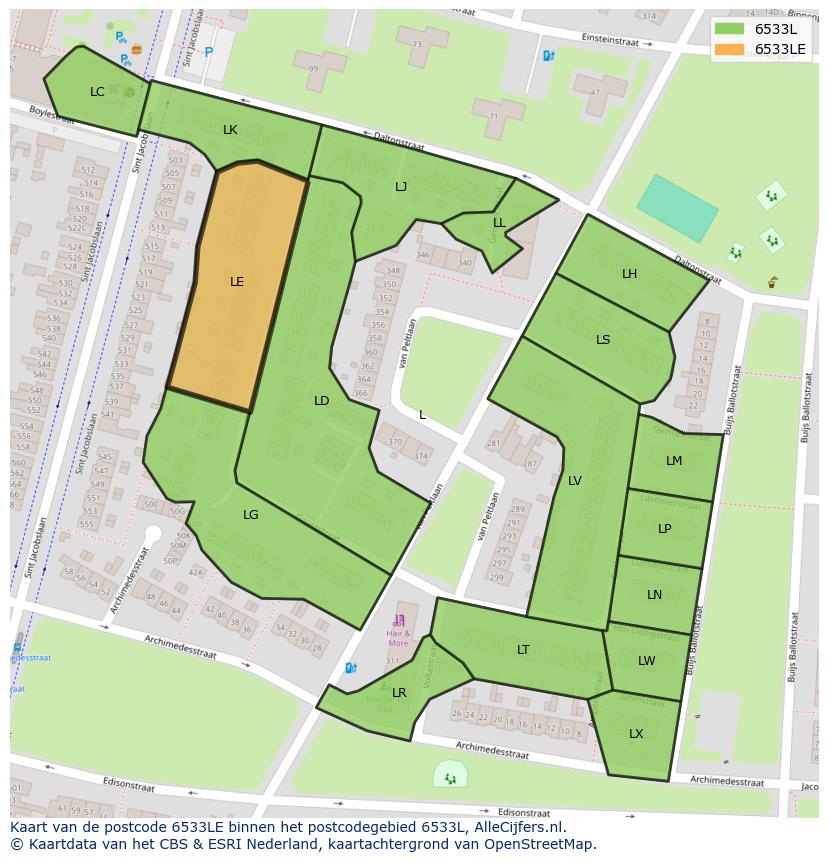 Afbeelding van het postcodegebied 6533 LE op de kaart.