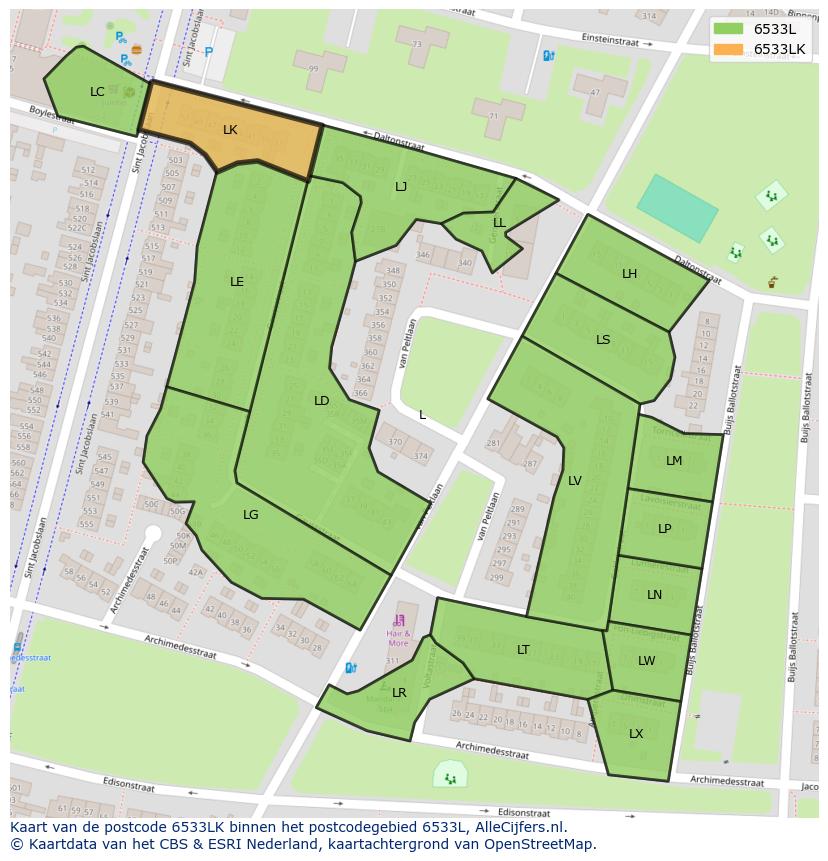Afbeelding van het postcodegebied 6533 LK op de kaart.