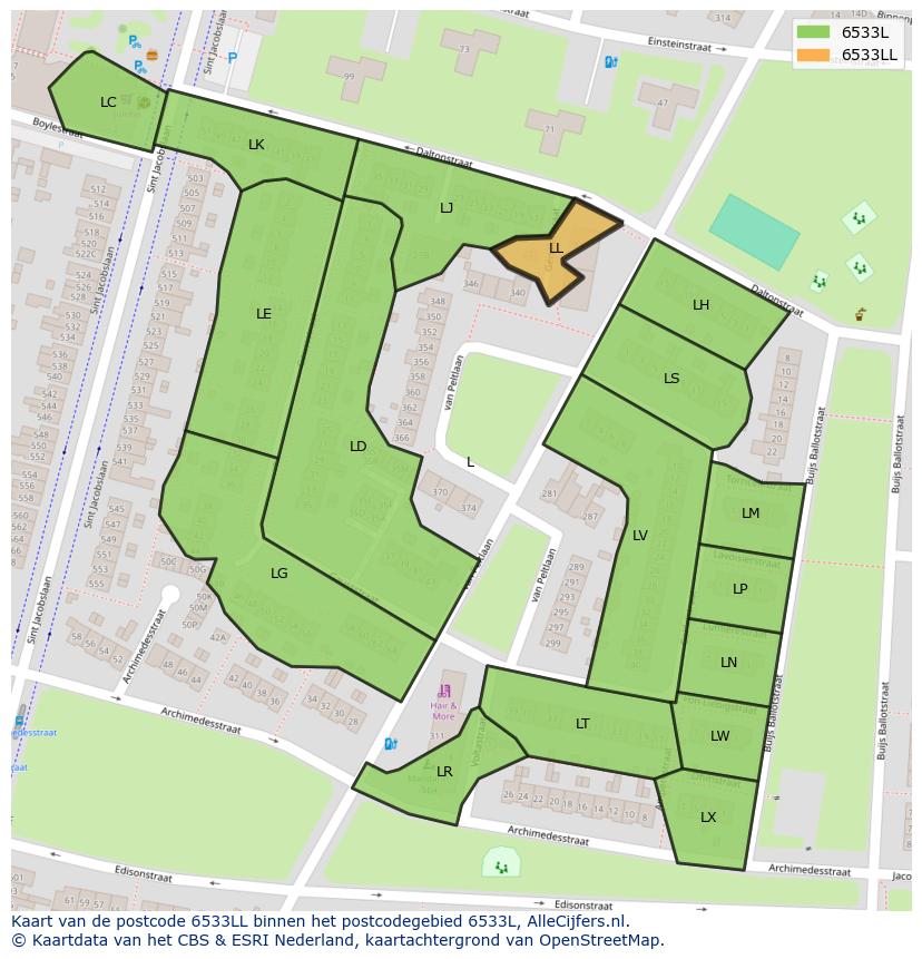 Afbeelding van het postcodegebied 6533 LL op de kaart.