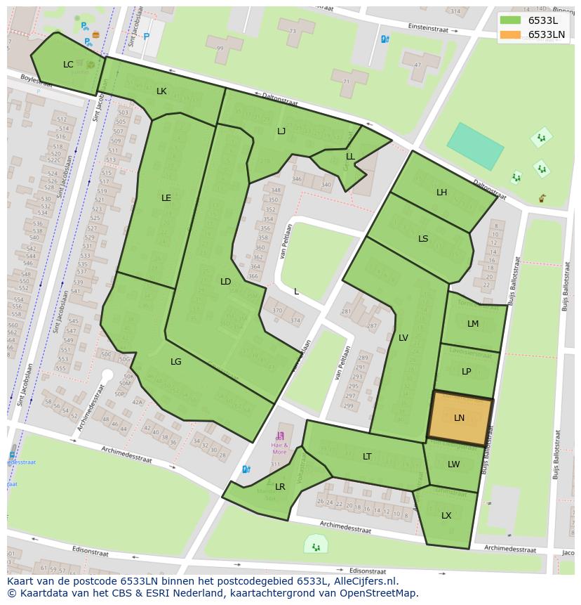 Afbeelding van het postcodegebied 6533 LN op de kaart.