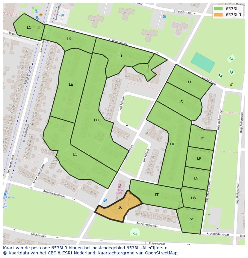 Afbeelding van het postcodegebied 6533 LR op de kaart.