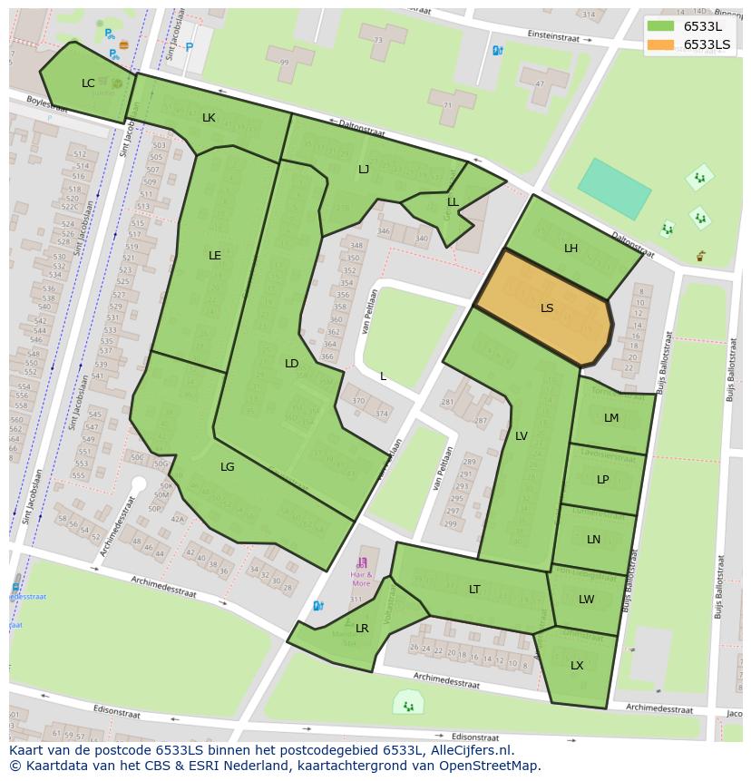 Afbeelding van het postcodegebied 6533 LS op de kaart.